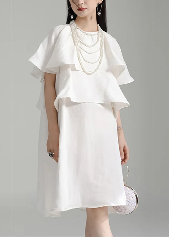 Elegant White O Neck Ruffled Patchwork Cotton Mid Dresses Summer Lighten Up With Nordic Styles