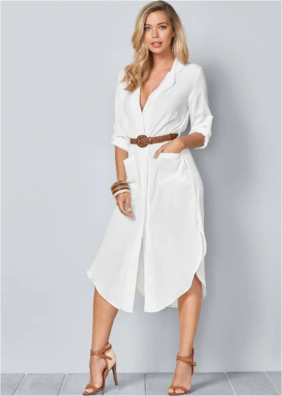 Belted Midi Shirt Dress - White Artful Design