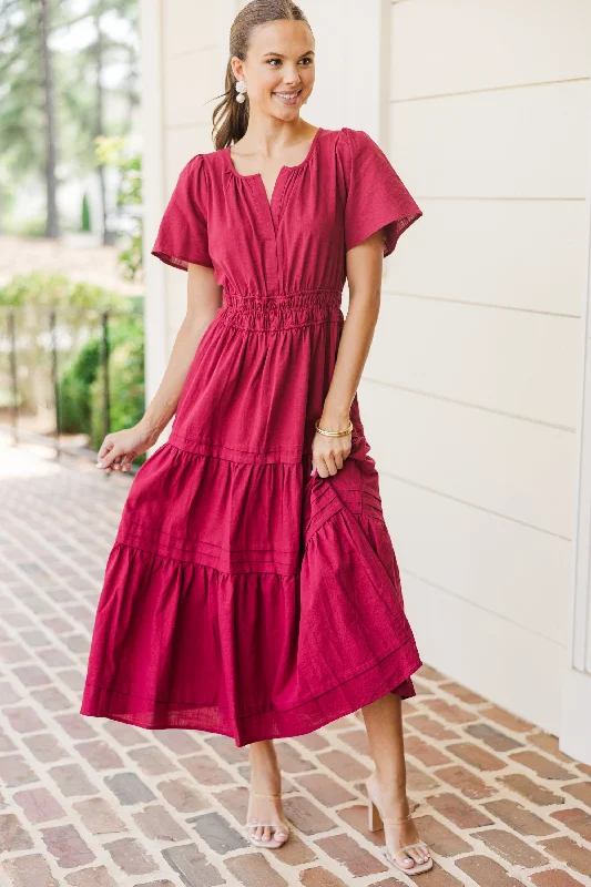 It's In The Air Burgundy Red Tiered Midi Dress Boutique Styles