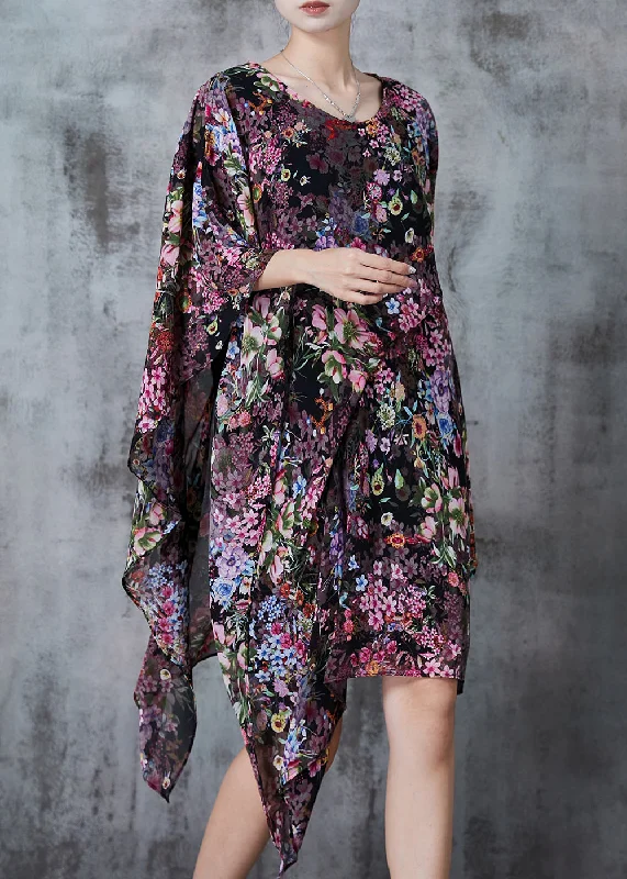 Natural Black Asymmetrical Print Chiffon Tea Dresses Summer Luxe Women's Apparel