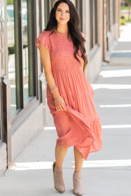 Learn To Love Dusty Apricot Orange Smocked Midi Dress Chic Styles