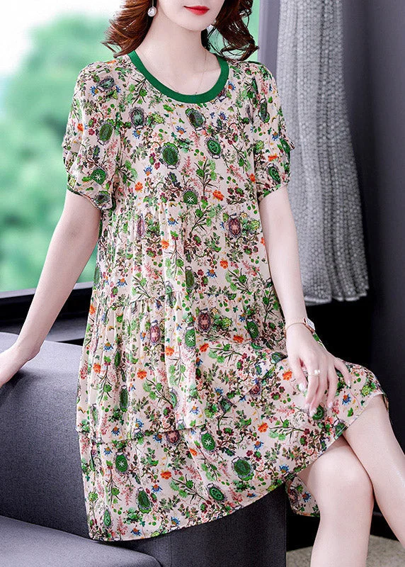 Beautiful O-Neck Print Wrinkled Chiffon Mid Dresses Short Sleeve Elegant Attire For The Modern Lady