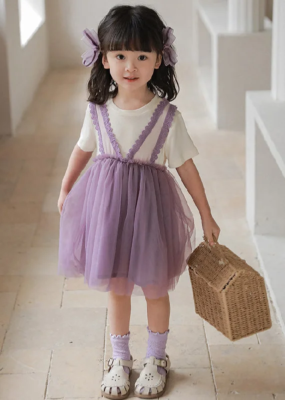 Purple O-Neck Tulle Girls Vacation Mid Dresses Short Sleeve Timeless Elegant