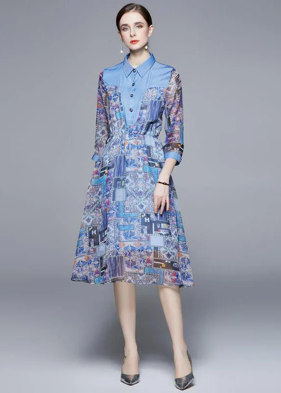 Handmade Blue Peter Pan Collar Denim Patchwork Print Chiffon Dress Long Sleeve Budget Friendly Fashion