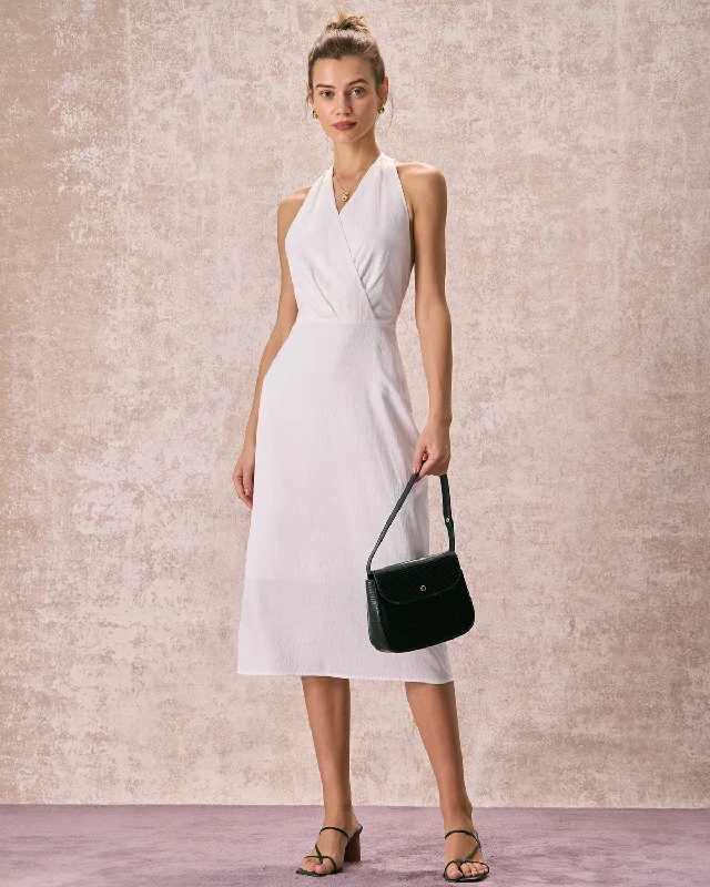 The White Halter Ruched Wrap Satin Midi Dress Feminine Flow