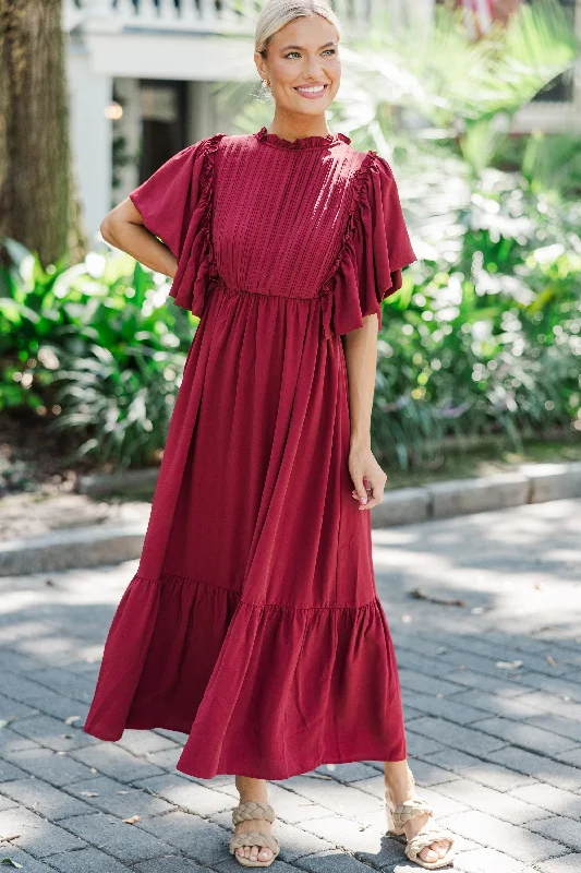 All The Good Burgundy Red Ruffled Midi Dress Limited Edition