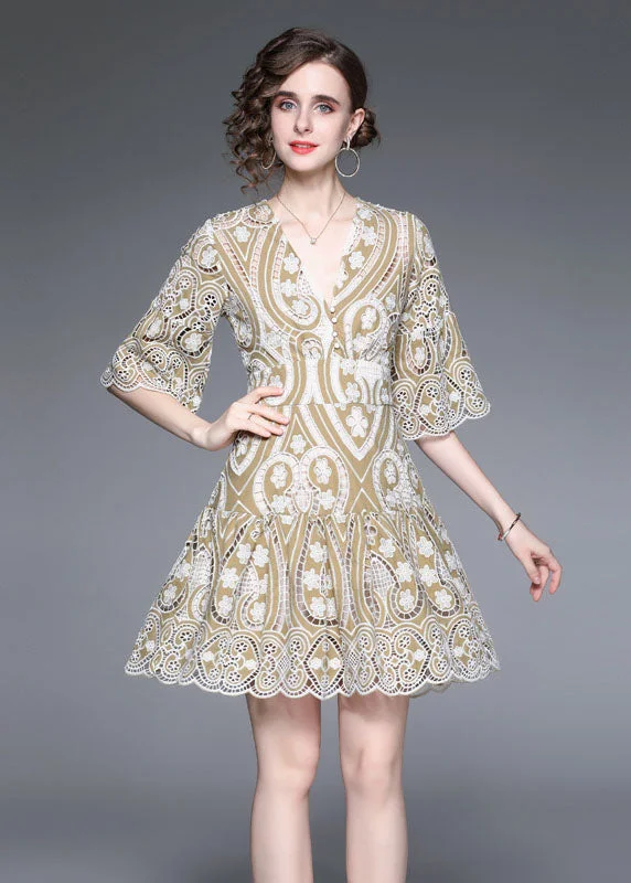 Modern Khaki V Neck Embroideried Hollow Out Lace Dress Flare Sleeve Clearance Event