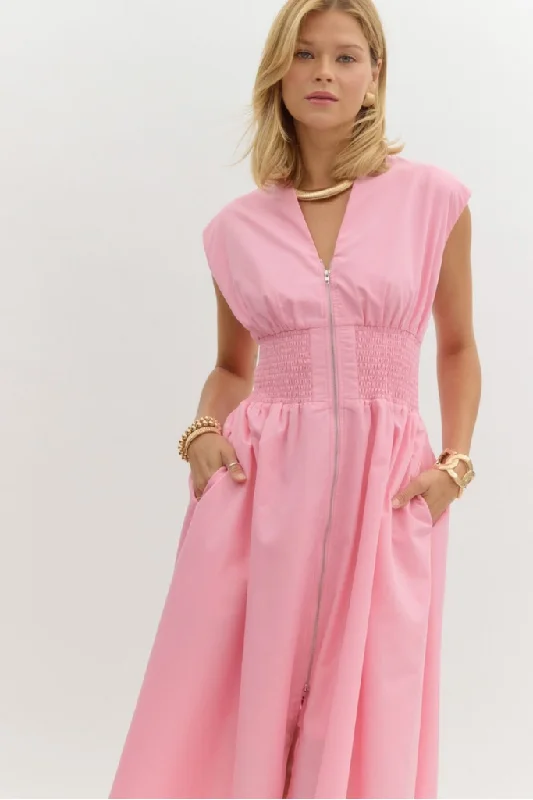 Elizabeth Zip Front Midi Dress in Baby Pink Hollywood Glam Award - Show Style