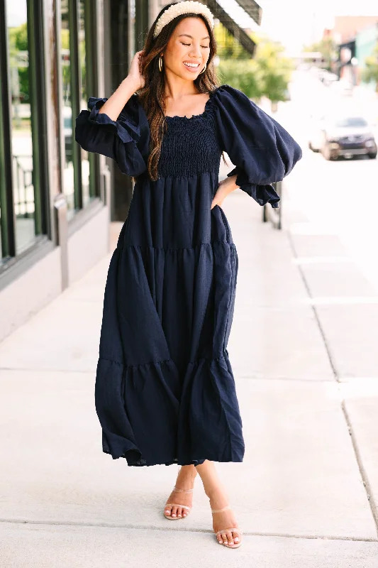 Make An Entrance Navy Blue Tiered Midi Dress Fashion Essentials