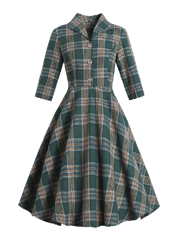 BerriesJam - 2024 Tonval Turn-down Collar Button Up Green Plaid Dress Exclusive Discounts