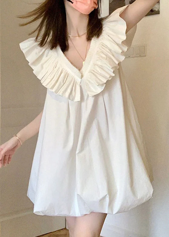 Cute White V Neck Ruffled Mid Dress Short Sleeve Popular Collection