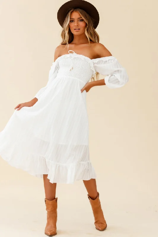 Flynn Off-Shoulder Shirred Bust Midi Dress White Style Upgrade