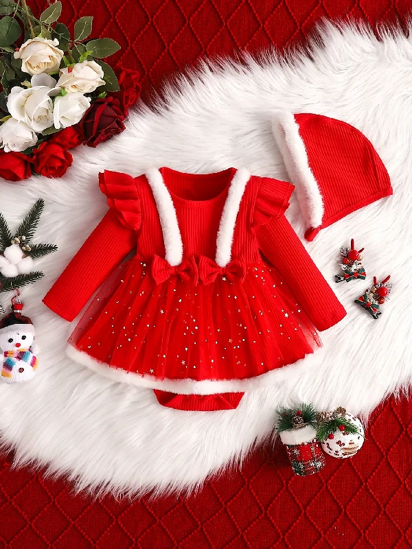 Baby's Christmas Style Fuzzy Trim Ruffled Long Sleeve Romper Dress, Toddler & Infant Girl's Onesie For Winter Festival Party & Outdoor Play Holiday Glam