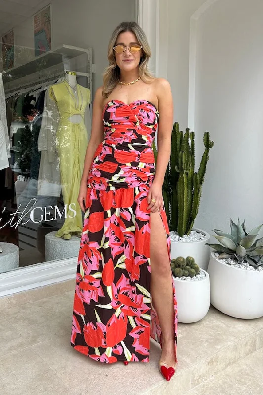 Dolcie Strapless Maxi Dress Rojo Print Everyday Glamour