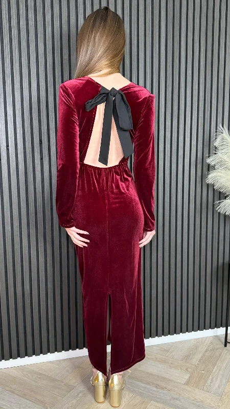 Clarice Burgundy Back Bow Detail Midi Dress Elegant Styles