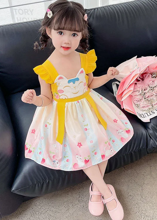 Fine Yellow Ruffled Embroideried Patchwork Cotton Baby Girls Dresses Summer Trendy Women's Collection