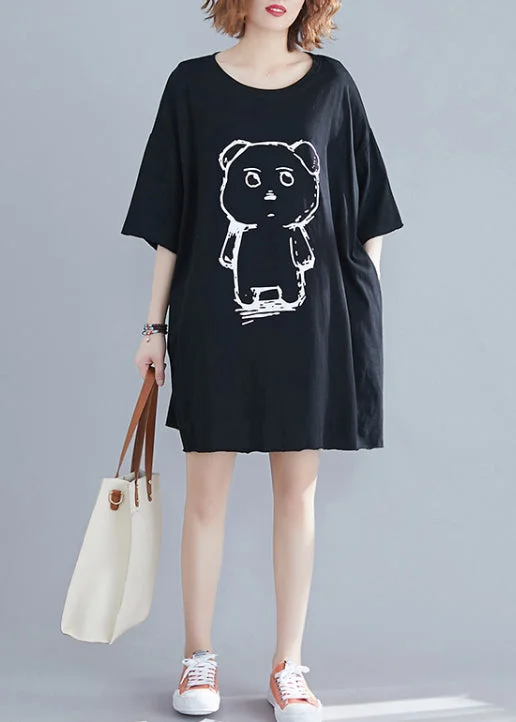 Classy Black O-Neck Bear Print Cotton Mid Dresses Summer Fashion Frontiers