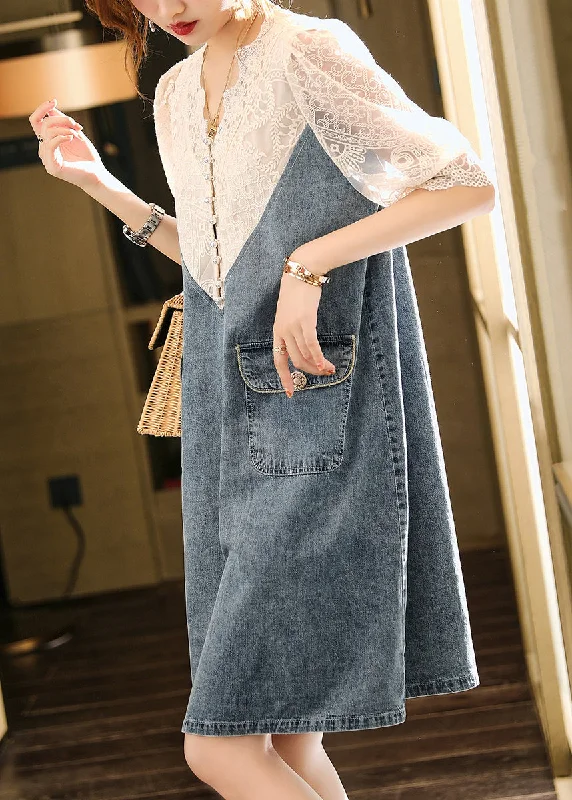 Loose Blue Embroideried Lace Patchwork Dress Half Sleeve The Latest Fashion Trends