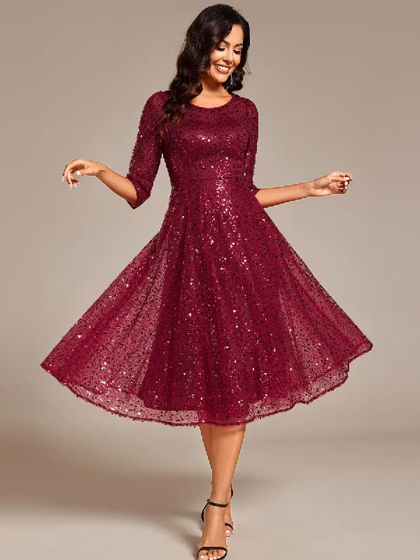 3/4 Sleeve Sparkly Sequin Round Neck Midi Wedding Guest Dress Save On Classic Elegant Styles