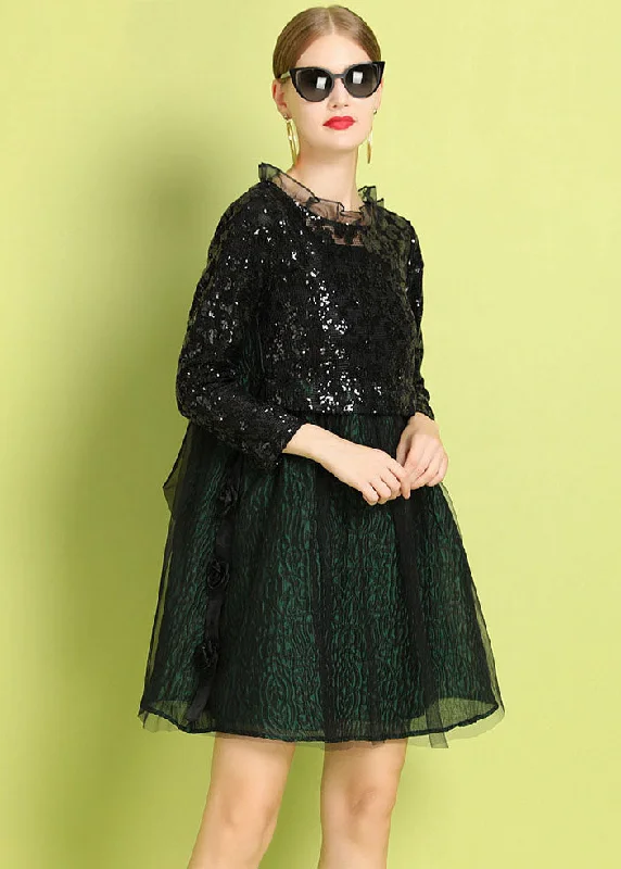 Fine Black Green Ruffled Sequins Bow Patchwork Tulle Mid Dress Summer Fashion-Forward