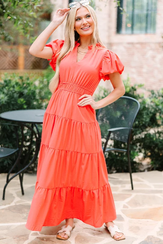 Coming Back For You Red Orange Tiered Midi Dress Inspired By You, Designed For You