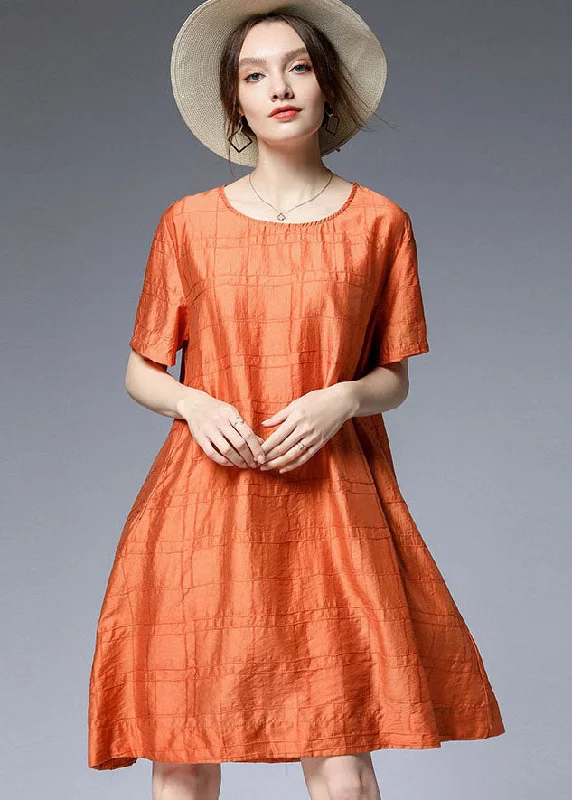 Elegant Orange O Neck Silk A Line Dress Summer Seasonal Fashion