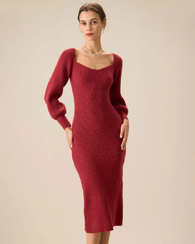 Women's Red Ribbed Knit Bodycon Sweater Dress Summer Fashion