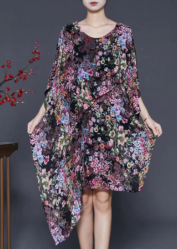 Black Floral Print Chiffon Dress Asymmetrical Design Summer Disco - Inspired Retro Dance Look