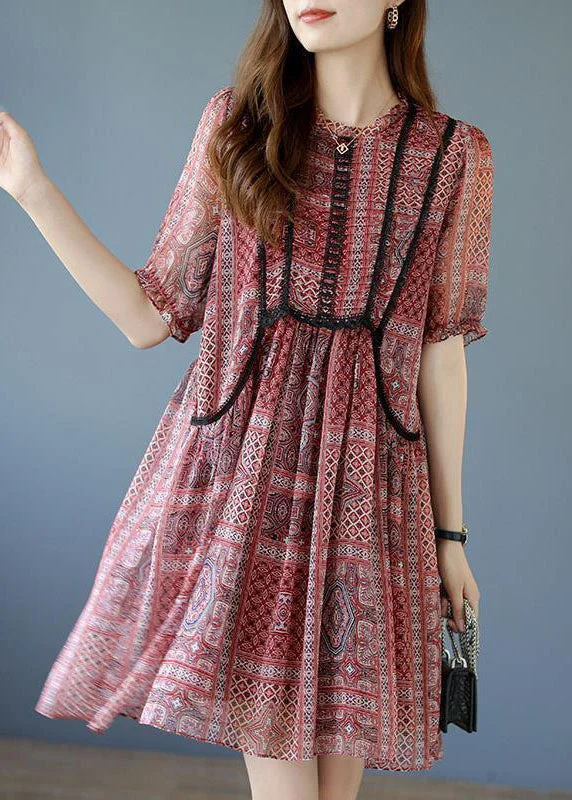 Red Patchwork Lace Chiffon A Line Dresses O-Neck Summer Stylish Savings