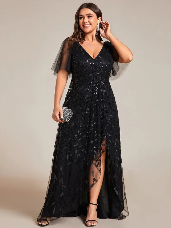 Plus Size Short Sleeves Sequin High Low V-Neck Midi Formal Evening Dress Quick Grab Deals