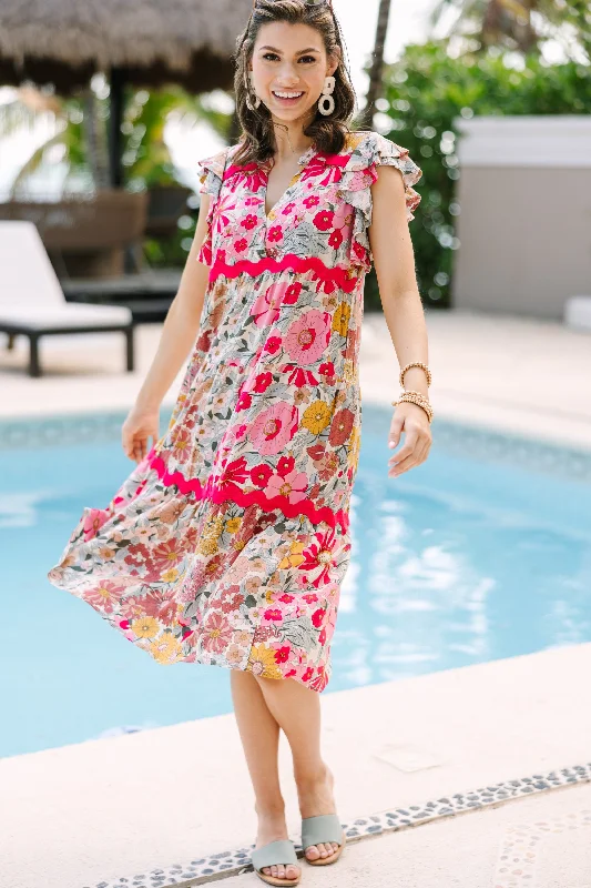 Open Your Heart Rose Pink Floral Midi Dress Stylish Savings