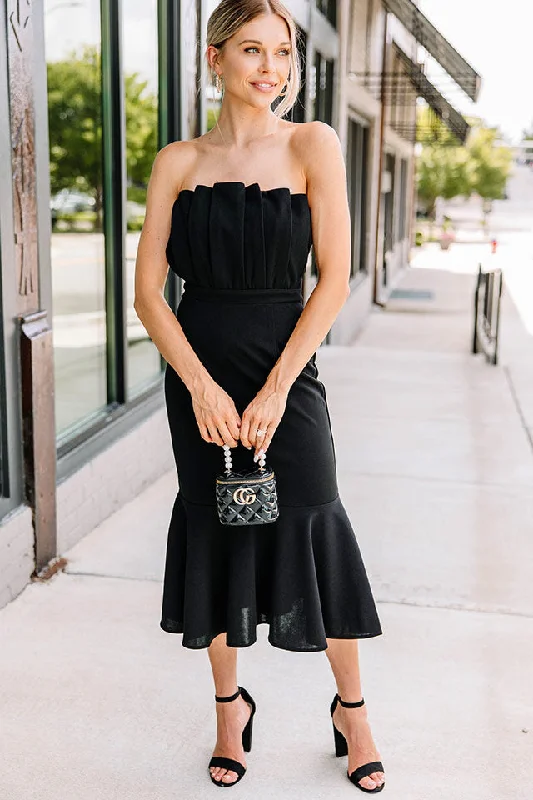 Latest And Greatest Black Pleated Midi Dress Limited Quantities