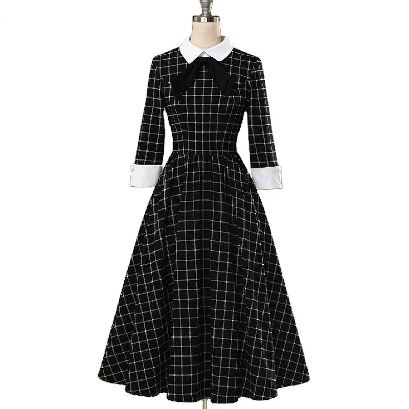 BerriesJam - 2024 Plaid Collar Bowknot A Line Rockabilly Swing Dress Day To Night Styles