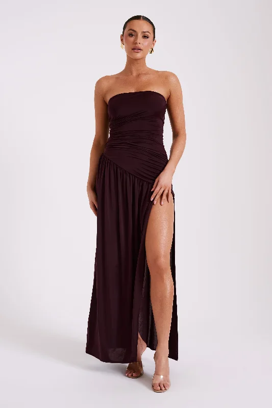 Bex Strapless Slinky Maxi Dress With Split - Burgundy Casual Yet Stylish Separates