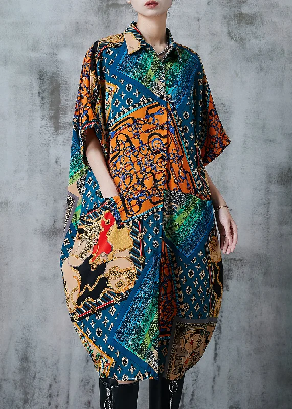 French Peacock Blue Oversized Print Chiffon Dress Summer Flash Sales