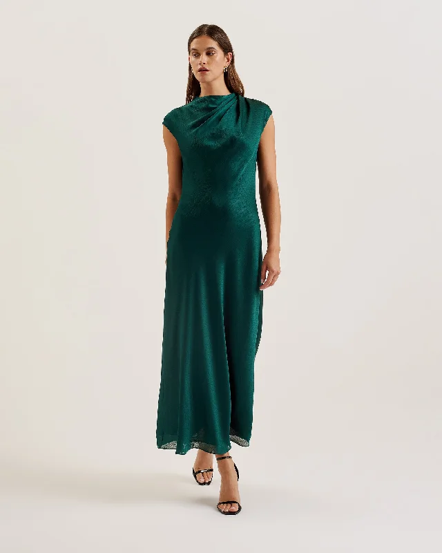 Rimini Draped Neck Detail Midi Dress Dk-Green Premium Style