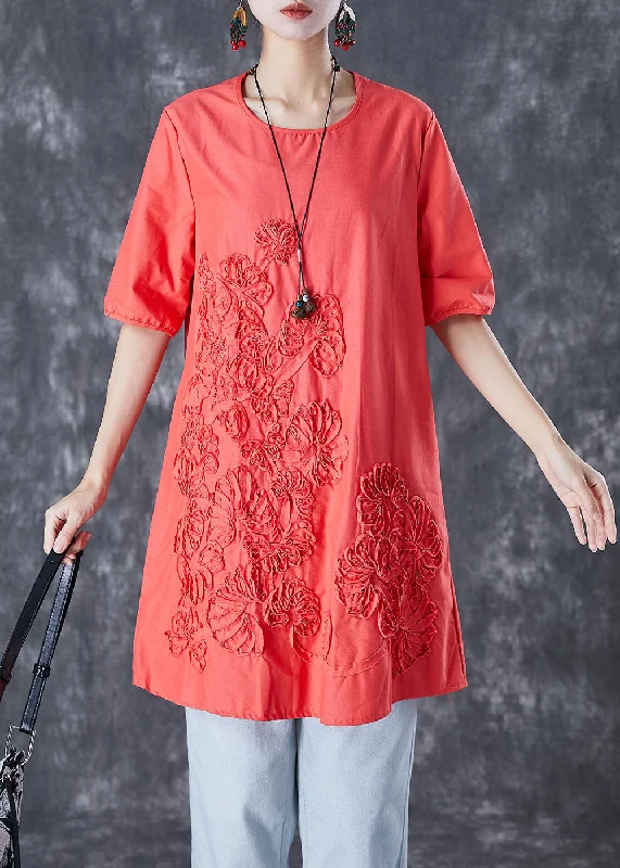 Orange Red Linen Mid Dresses Embroideried Summer End Of Season Sale