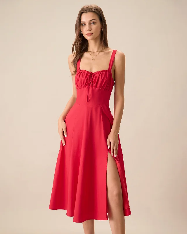 Women's Red Square Neck Ruched Slip Midi Dress Seasonal Fashion