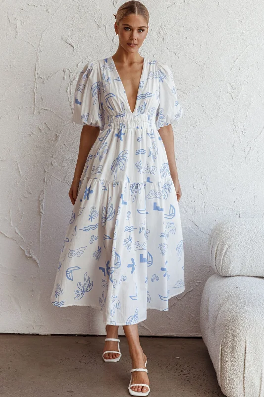 Summer Land V-Neckline Midi Dress Printed White Wardrobe Refresh