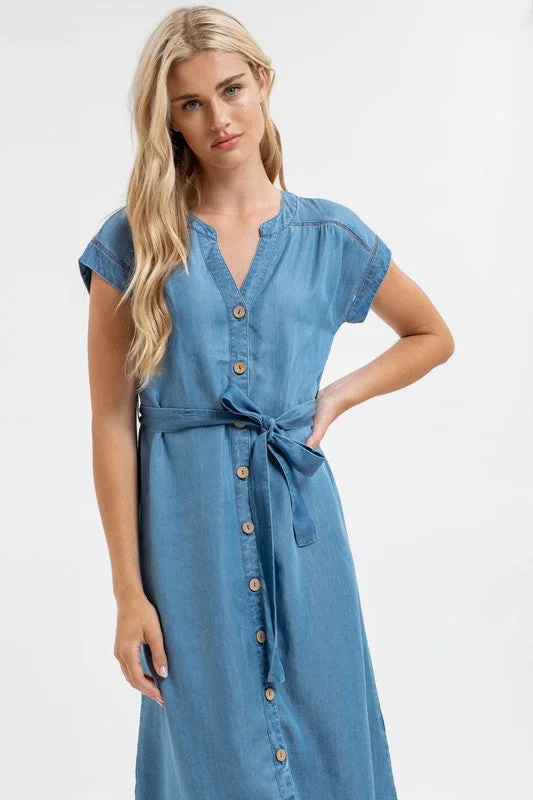 CHARLI CHAMBRAY BUTTON DOWN BELTED MIDI DRESS S-2XL Don't Miss Out