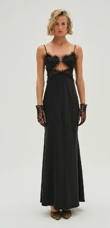 Val Black Satin Maxi Dress by for Love and Lemons Spring Fashion