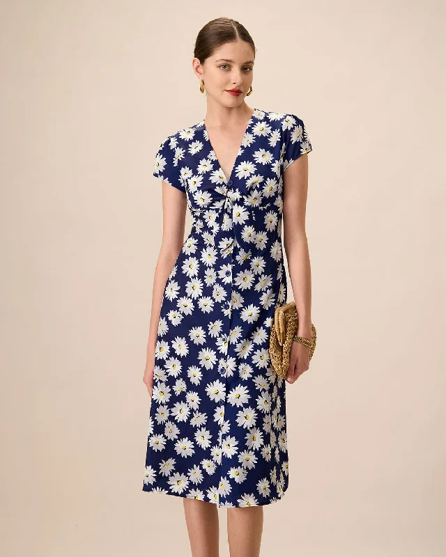 Women's Navy Button-Up Floral Midi Dresses Clearance Sale, All Cheap