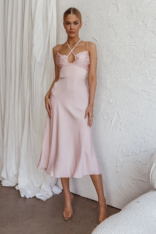 Emmalie Satin Midi Dress Pink Chic Style