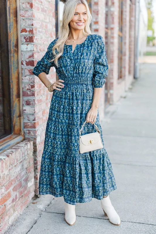 It's In The Air Navy Medallion 3/4 Sleeve Midi Dress Chic & Cozy Collection