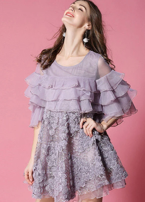 Purple Patchwork Tulle Mid Dress Ruffled Hollow Out Half Sleeve Contemporary Elegance