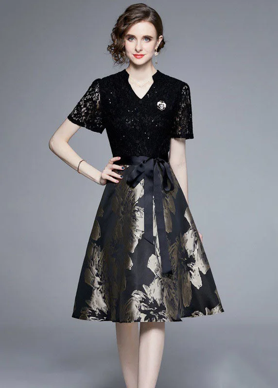 Elegant Black Lace Jacquard Patchwork Tie Waist Silk Mid Dress Summer Everyday Glamour