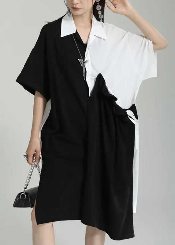 Oversized Black Peter Pan Collar Patchwork Cotton Shirts Dress Summer Flash Sale