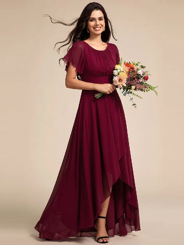 Claire | Elegant Round Neckline Short Sleeve A-Line Chiffon Bridesmaid Dress Unbeatable Deals