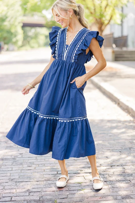 Ready For The Day Navy Blue Ruffled Midi Dress Clearance Event