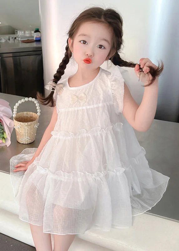 Elegant White Bow Tulle Kids A Line Mid Dresses Summer Tropical Island - Inspired Attire